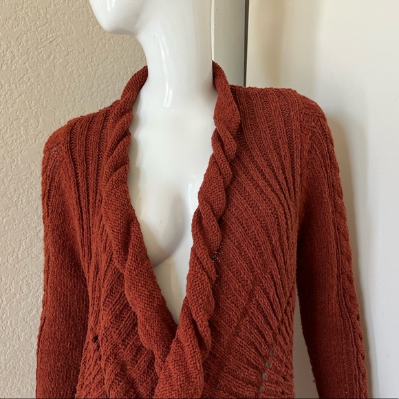 ROSIE NEIRA ANTHROPOLOGIE Rust Crochet Cotton Knit Open Longer Cardigan Duster S - Picture 2 of 7